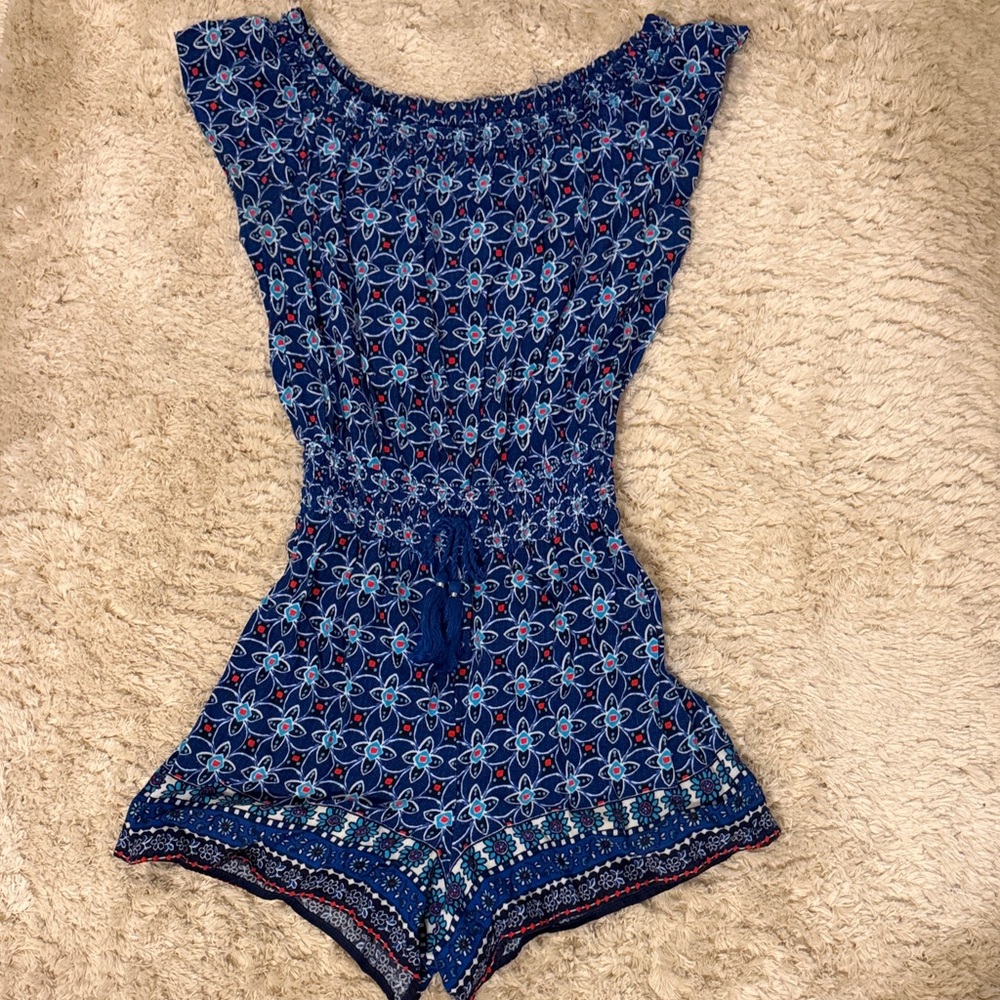 Justice Navy Blue Floral Print Romper with Drawstring